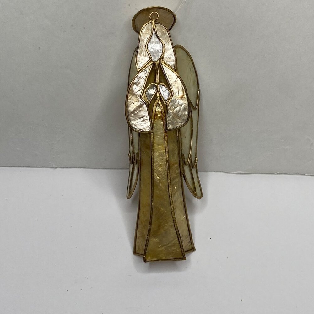 Vintage Stained Glass Angel Christmas Ornament Gold Tone Iridescent Figurine
